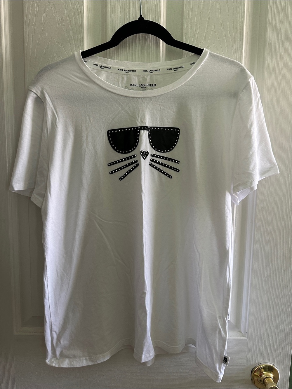 Karl Lagerfeld White Tee with Black Studded Cat Face Graphic
